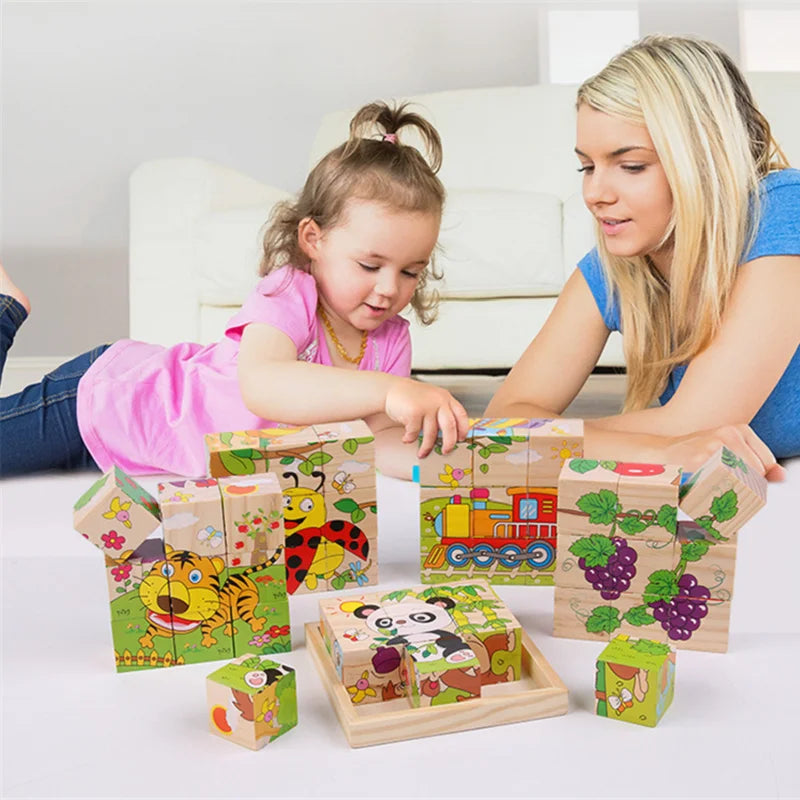 Kids Six Side Cube Jigsaw Wooden Blocks Toys