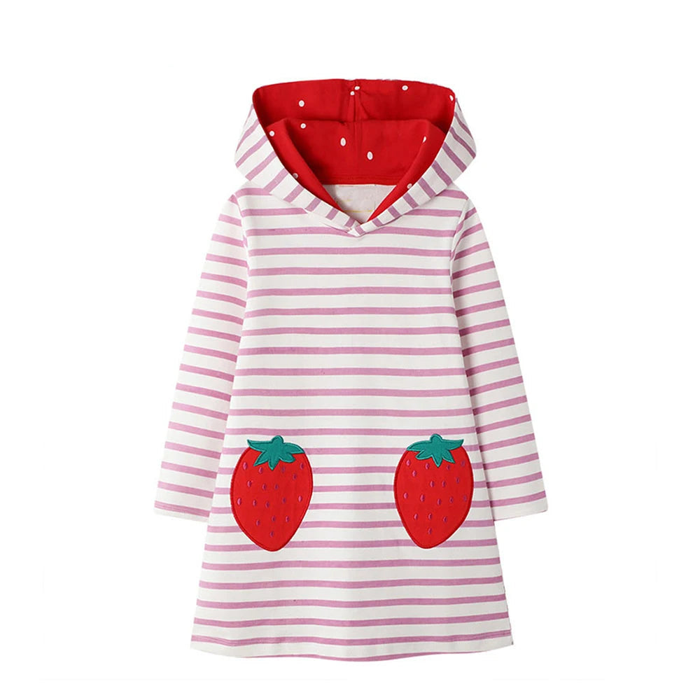 Kids Girls Strawberry Applique Hooded Dress childrensterritory
