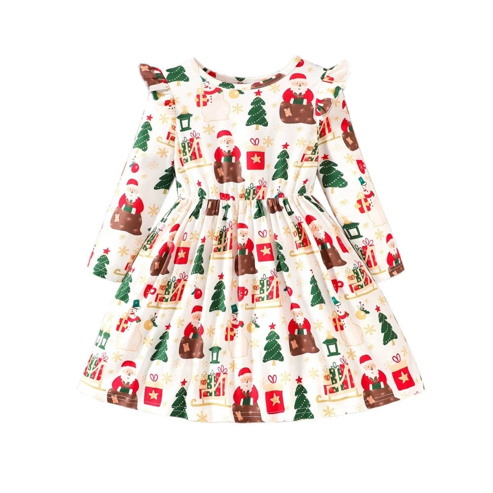 Girls’ Long-Sleeve Christmas Party Dress with Festive Design