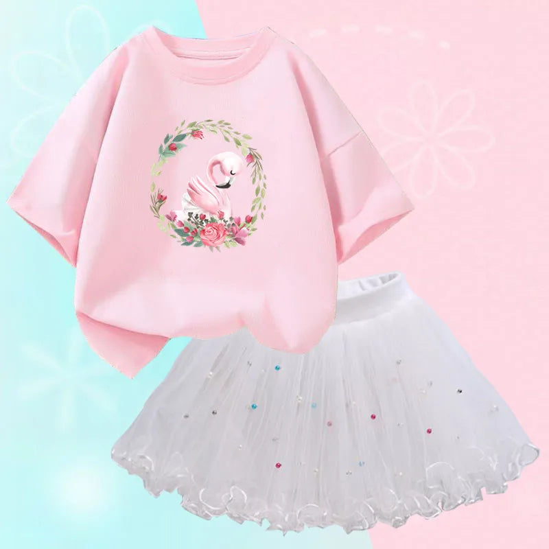 Kids Girls Flamingo T-Shirt &amp; Mesh Skirt Pretty Outfits childrensterritory
