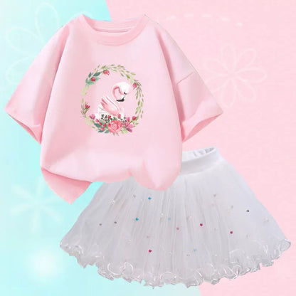 Kids Girls Flamingo T-Shirt &amp; Mesh Skirt Pretty Outfits childrensterritory
