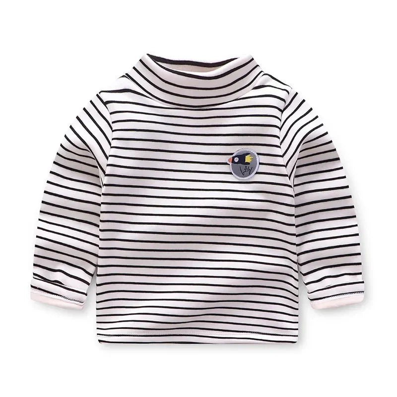 Kids Korean Style Turtleneck Striped Design Velvet Winter T-shirts childrensterritory