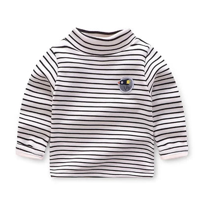 Kids Korean Style Turtleneck Striped Design Velvet Winter T-shirts childrensterritory