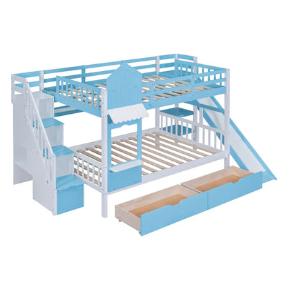 Full-Over-Full Castle Bunk Bed with Slide, Shelves, and Drawers childrensterritory