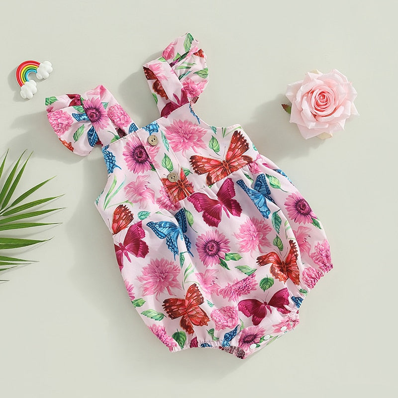 Butterfly Flower Print Baby Girls Summer Bodysuit childrensterritory