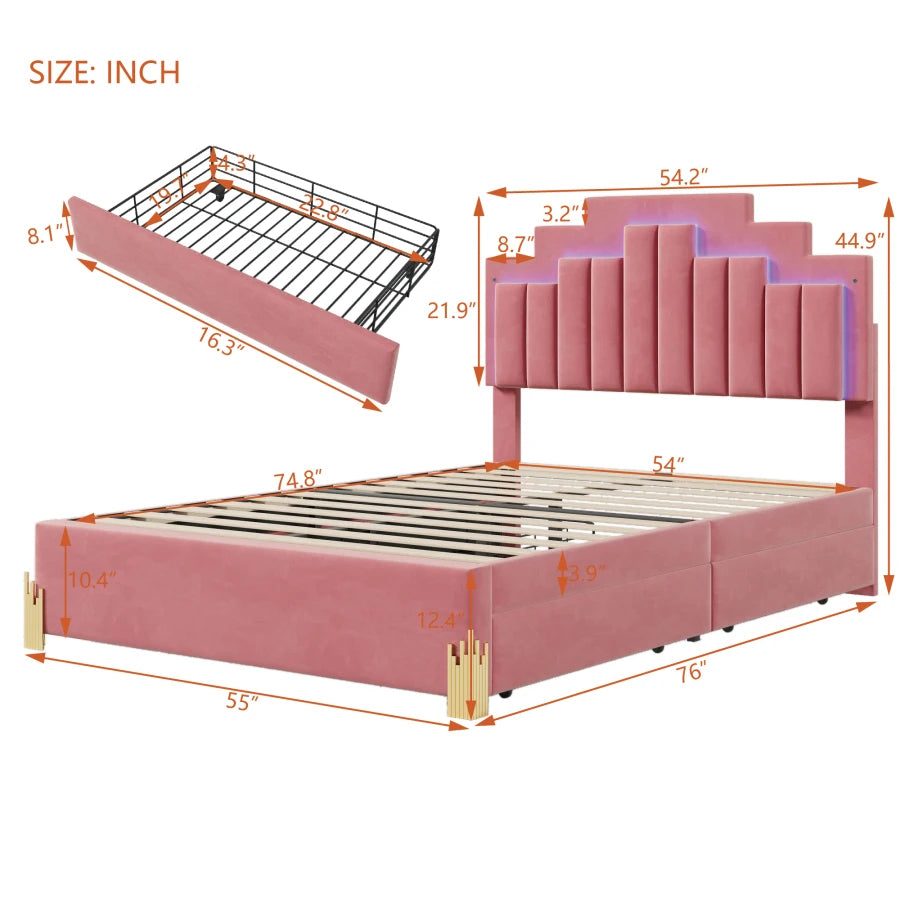 Full-size Platform Bed with Upholstery, Four Drawers, and LED Lights childrensterritory