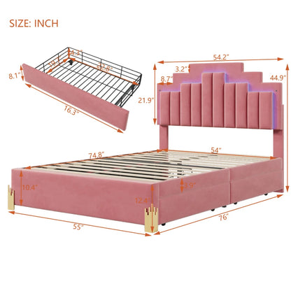 Full-size Platform Bed with Upholstery, Four Drawers, and LED Lights childrensterritory