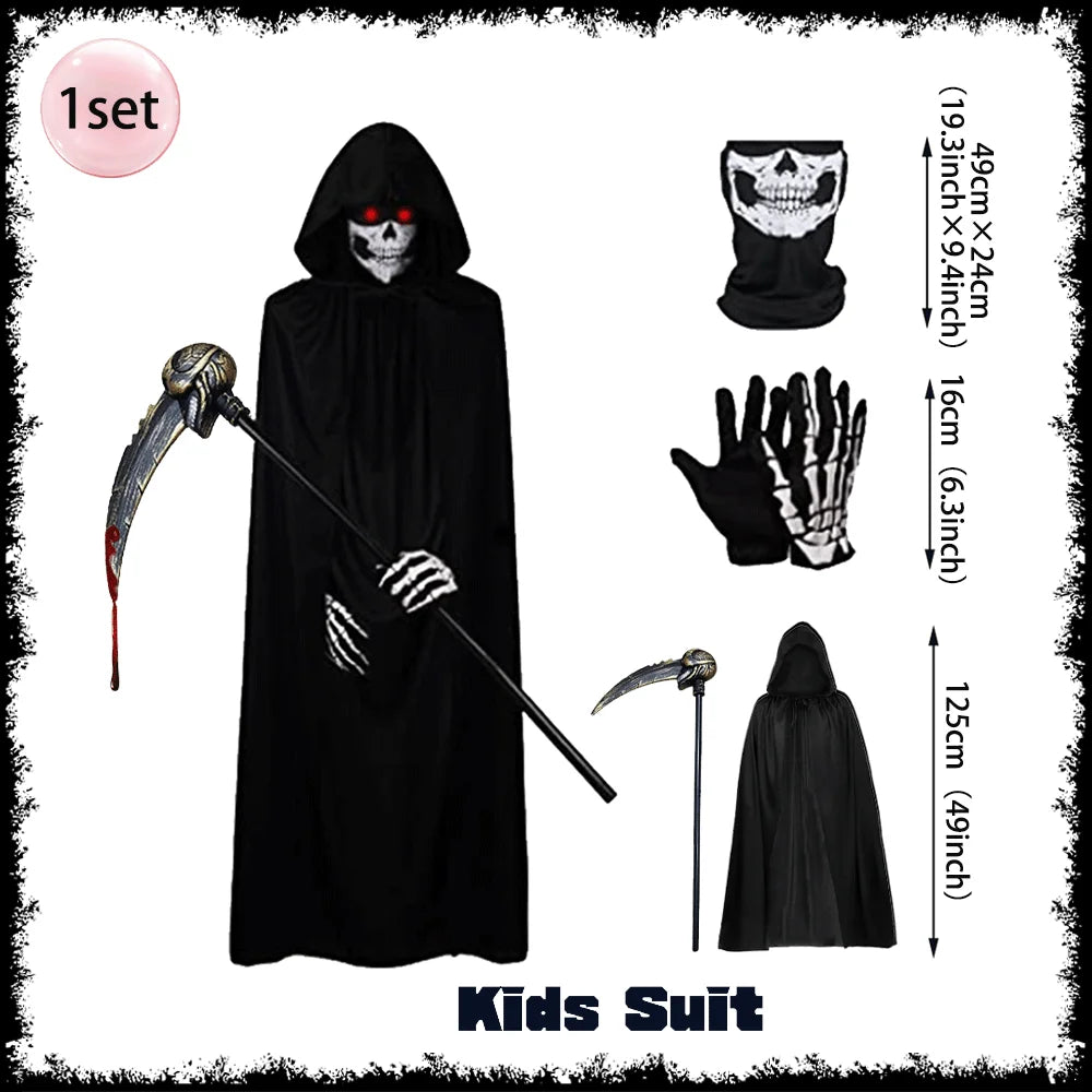 Halloween Death Black Cloak and Skeleton Costume Prop Set
