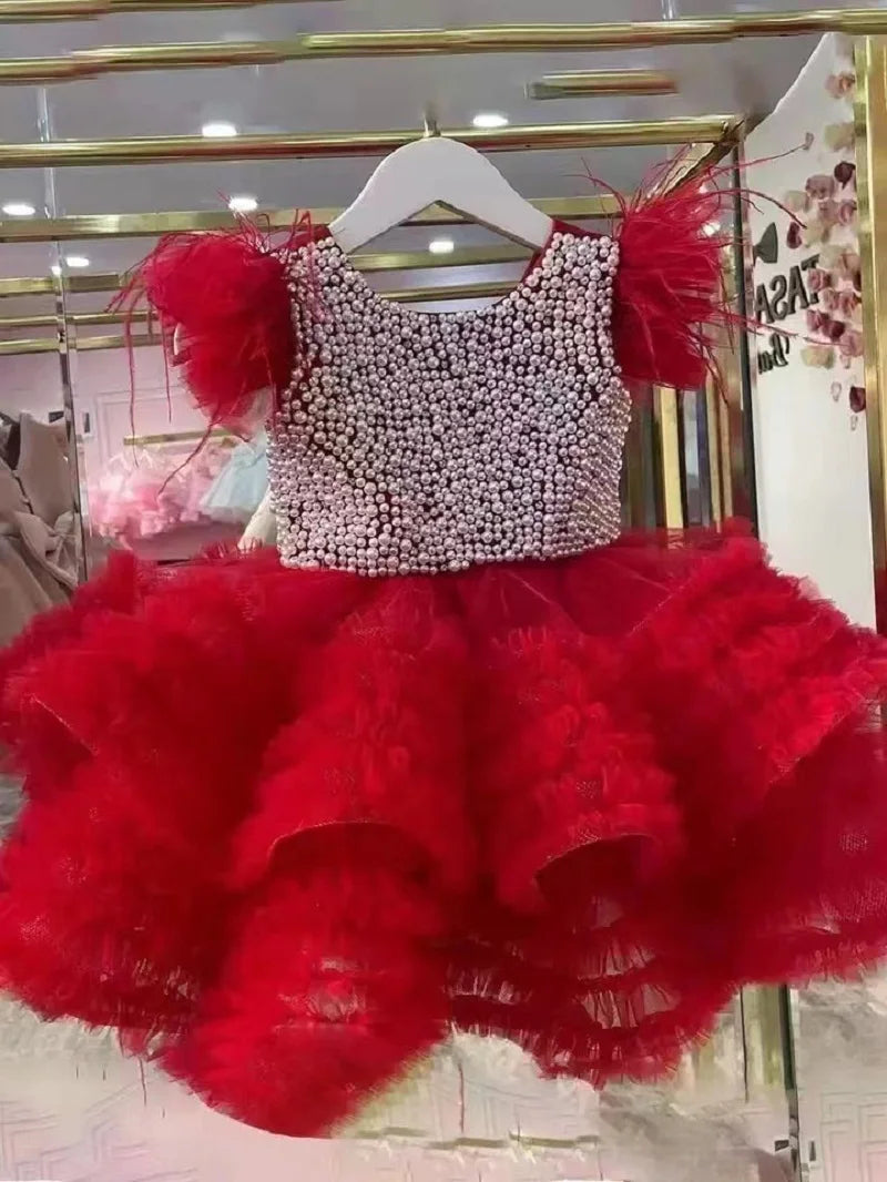 Pink Pearls Beaded Puffy Birthday Party Dress for Little Girls