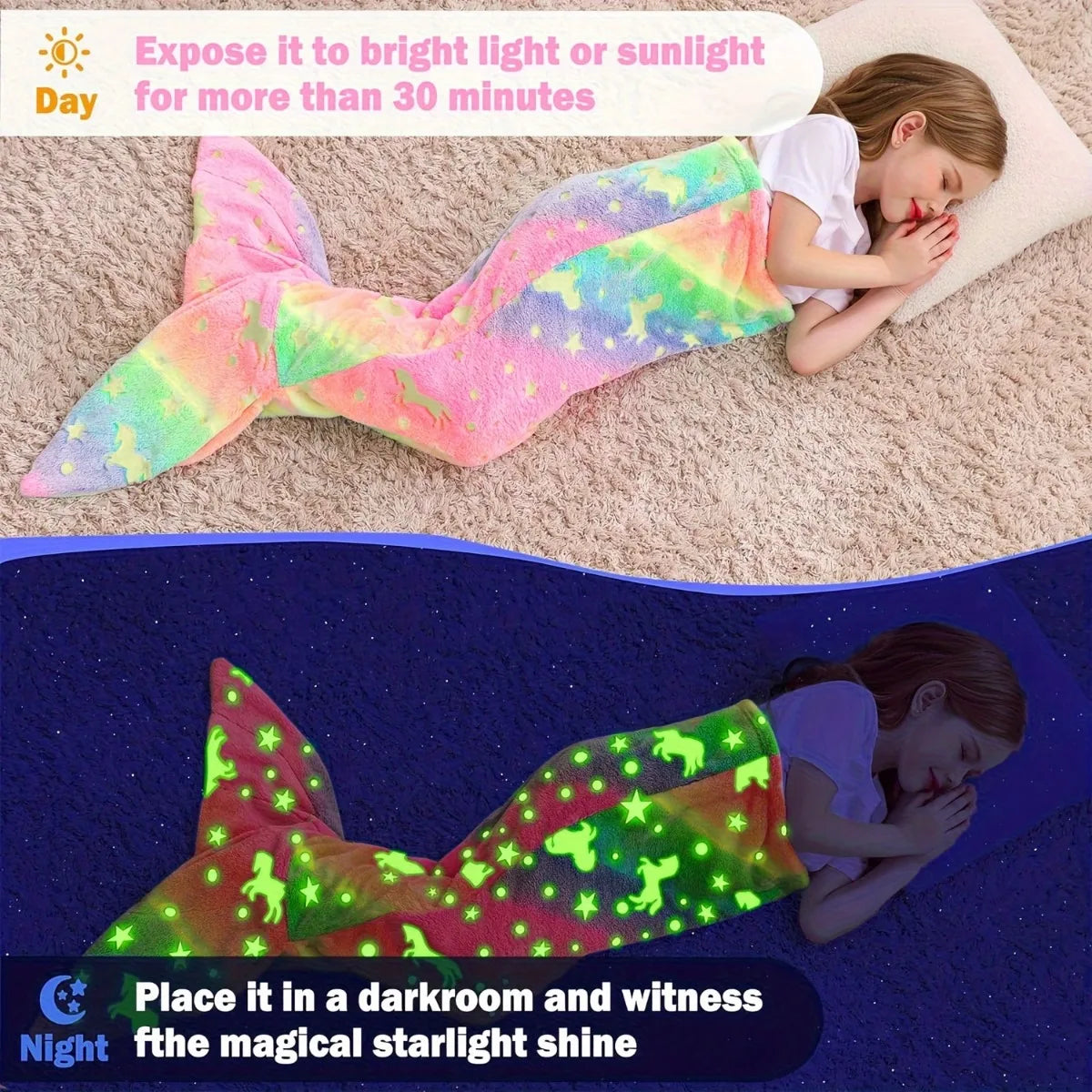 Soft Glow-in-the-Dark Flannel Mermaid Tail Blankets childrensterritory
