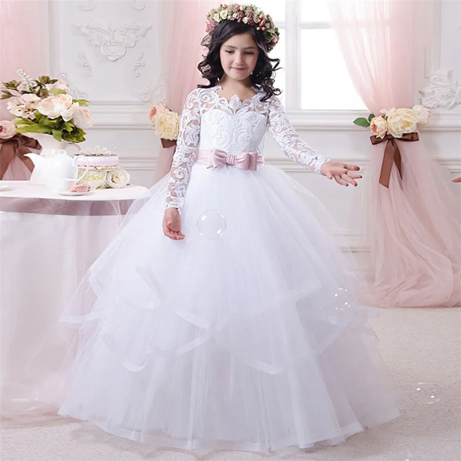 Kids Girls Lace Applique Wedding Party Gown with Long Sleeves childrensterritory
