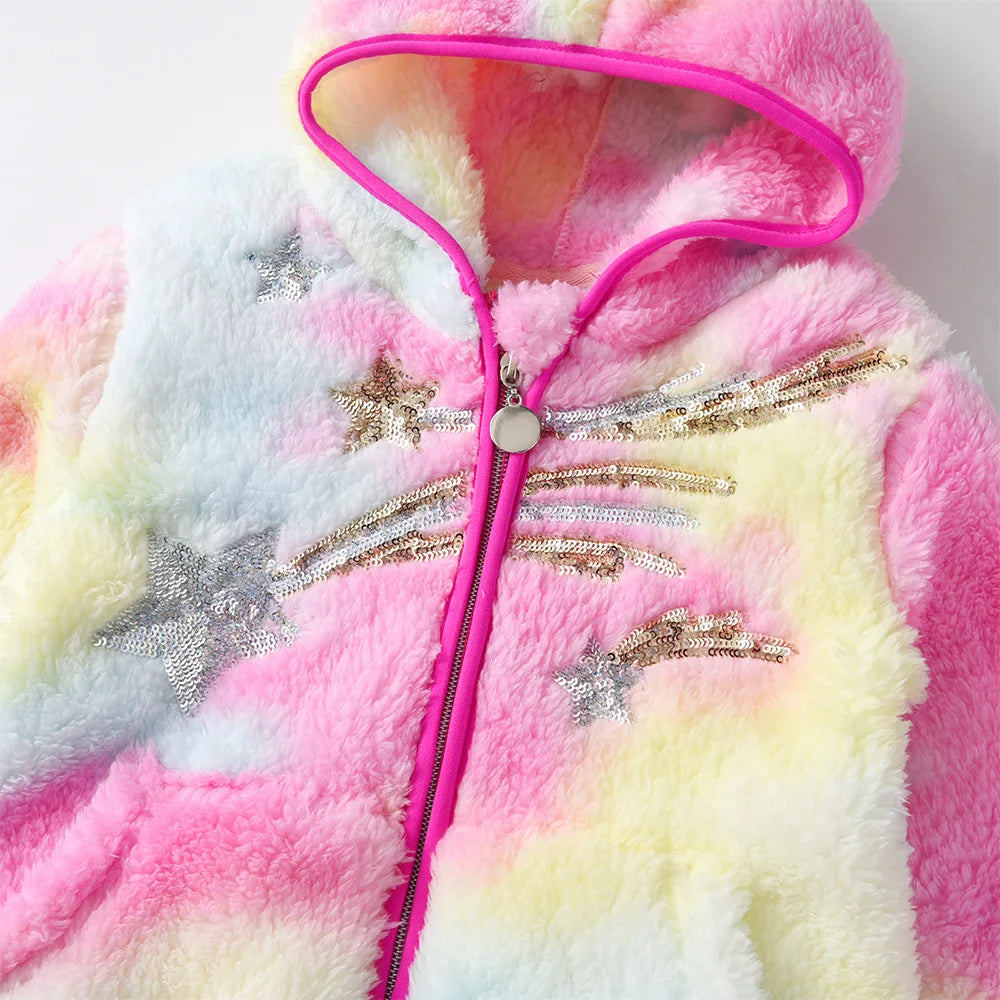 Kids Girls Star Sequined Appliqued Soft Hooded Jacket childrensterritory