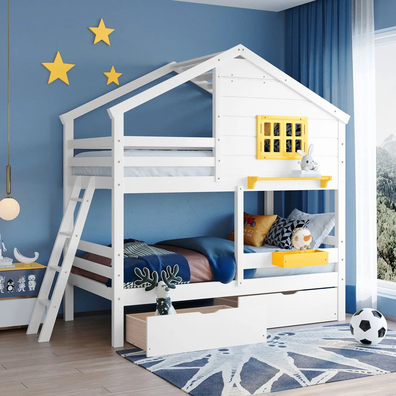 Hut Design Twin over Twin Bunk Bed with Window and Two Drawers childrensterritory