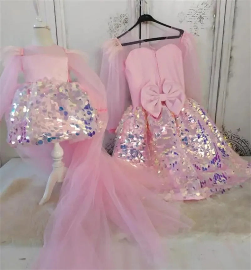 Mother and Daughter Sequined Tulle Matching Party Dress