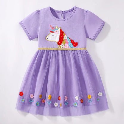 Cartoon Embroidered Little Girls Summer Cotton Dresses childrensterritory
