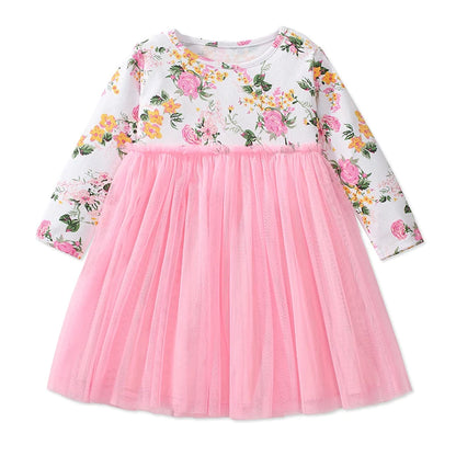 Little Girls Long Sleeves Floral and Rainbow Design Fall Dresses childrensterritory