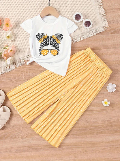 Little Girls Printed Top with Wide Leg Pants Two Piece Clothing Sets childrensterritory