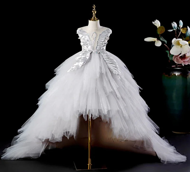 Chic Crystal Swan Pageant Dress for Girls with Trailing