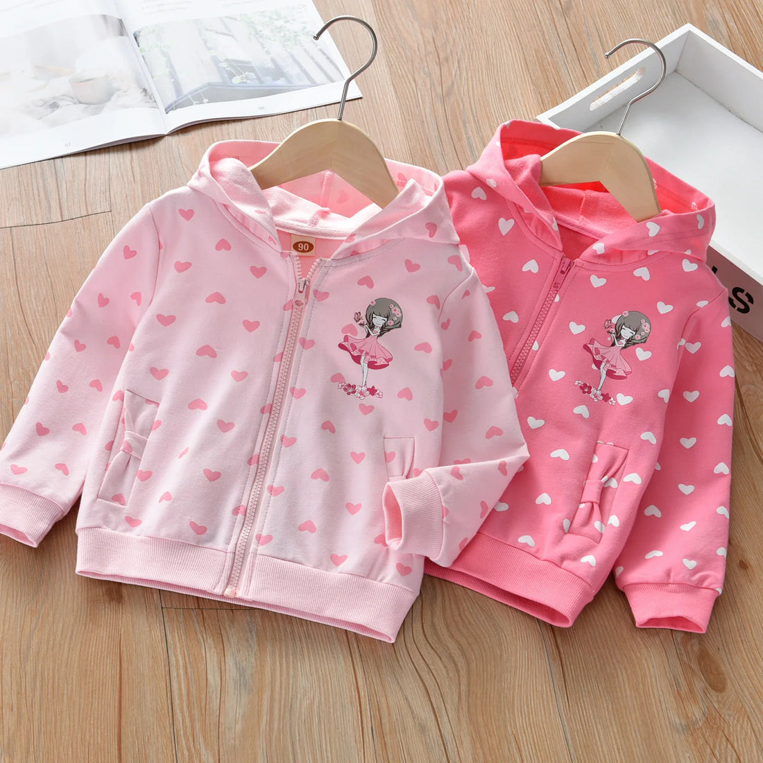 Little Girls Cute Cartoon Heart Print Soft Autumn Hooded Jackets childrensterritory