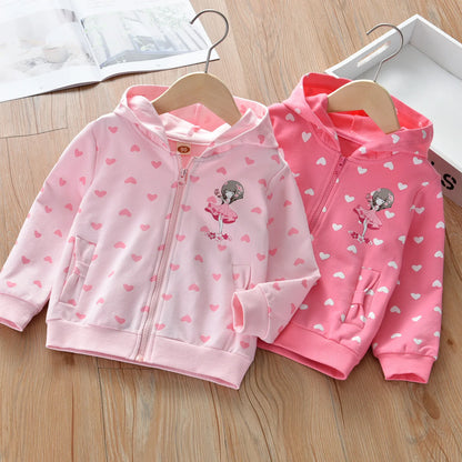 Little Girls Cute Cartoon Heart Print Soft Autumn Hooded Jackets childrensterritory