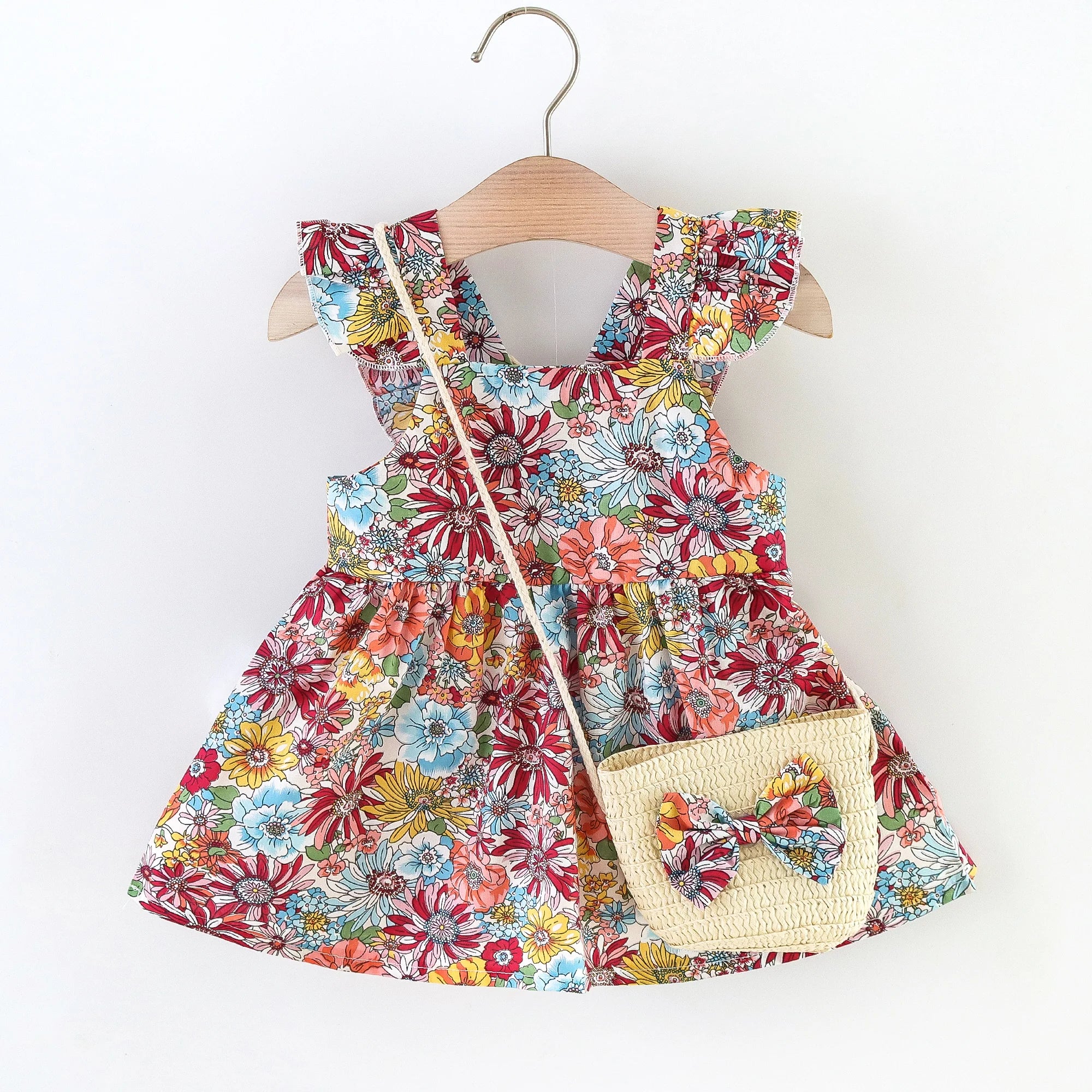 Baby Girls' Fashionable Floral Cotton Dress with Crossbody Bag