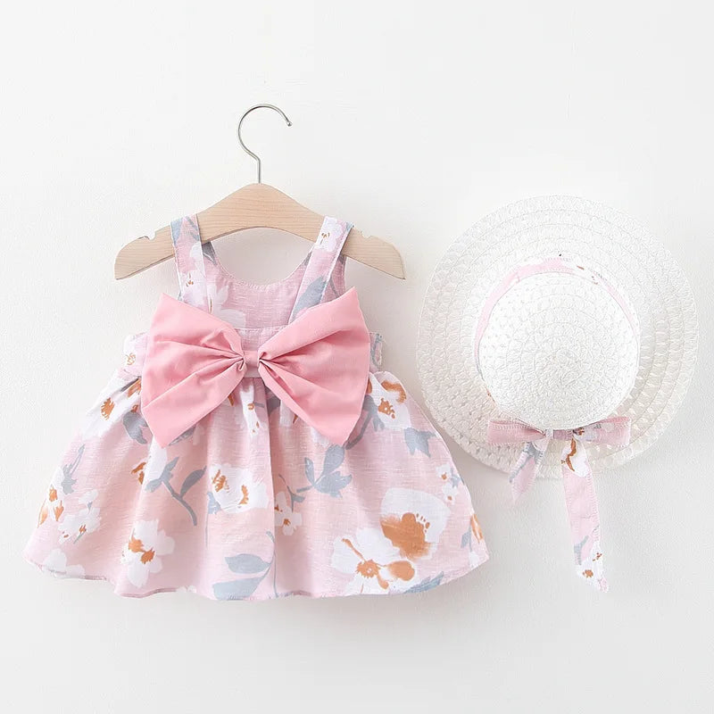 Baby Girls Sleeveless Floral Print Casual Dress with Hat childrensterritory