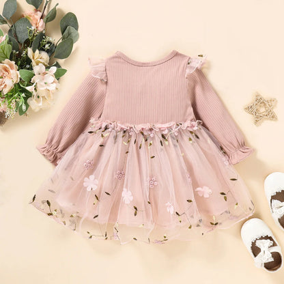 Bowknot Floral Embroidered Mesh Dress for Baby Girl&