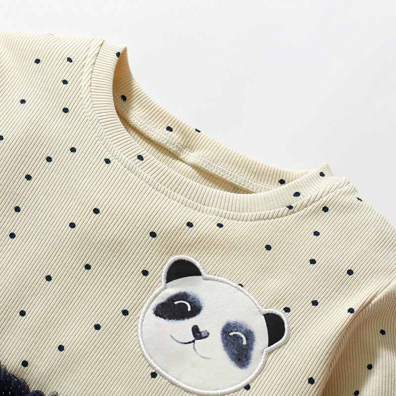 Girls Long-Sleeved Panda Cartoon Design Casual Dresses childrensterritory
