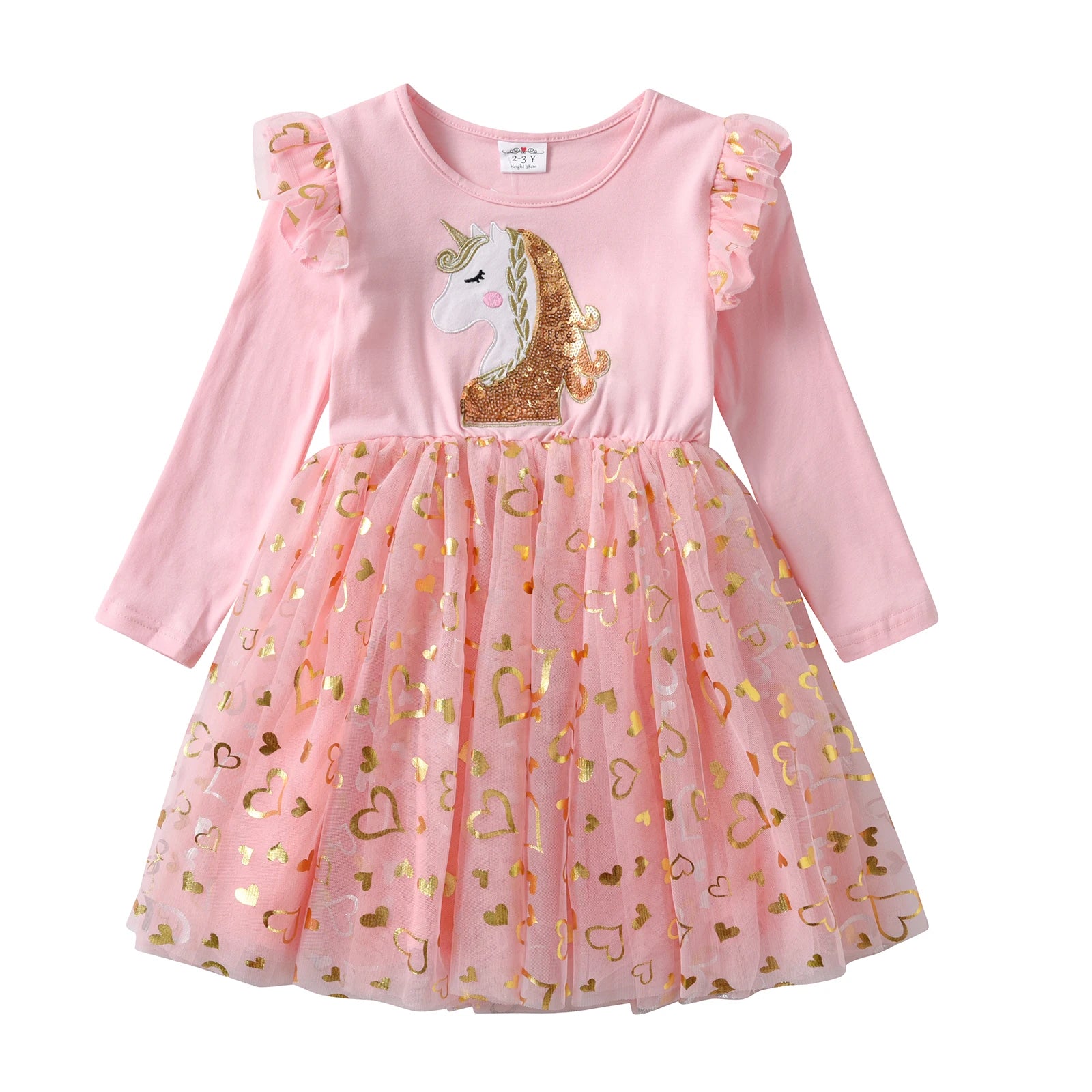 Cartoon Print Long Sleeve Girls Sequined Princess Dresses