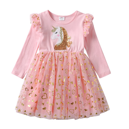 Cartoon Print Long Sleeve Girls Sequined Princess Dresses childrensterritory