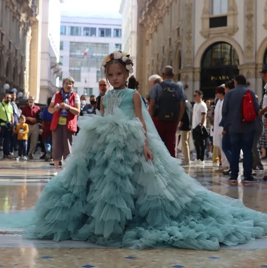 Stylish Beads Decorated Tiered Tulle Long Ball Gown for Girls
