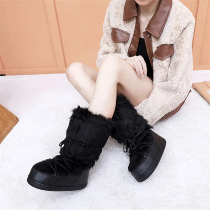 Fluffy Faux Fur Middle Calf Platform Snow Boots for Women