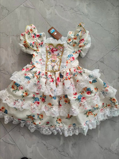 Kids Girls Floral Print Lace Patchwork Summer Princess Dress