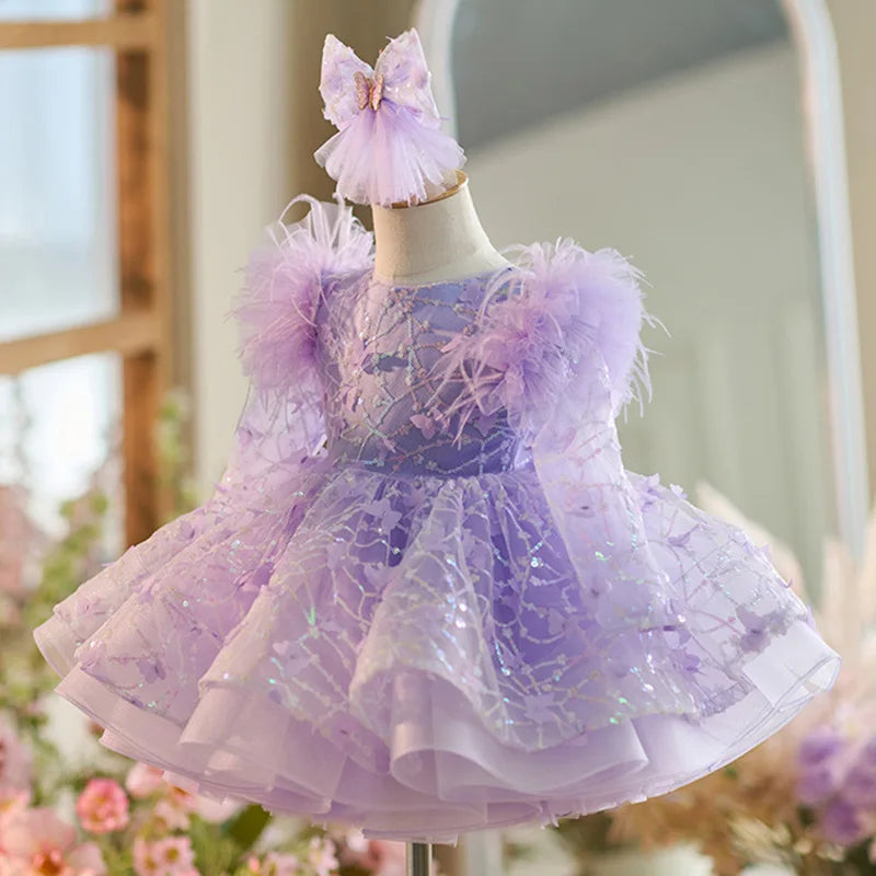 Girls Long Sleeves Butterfly Design Fluffy Party Dresses