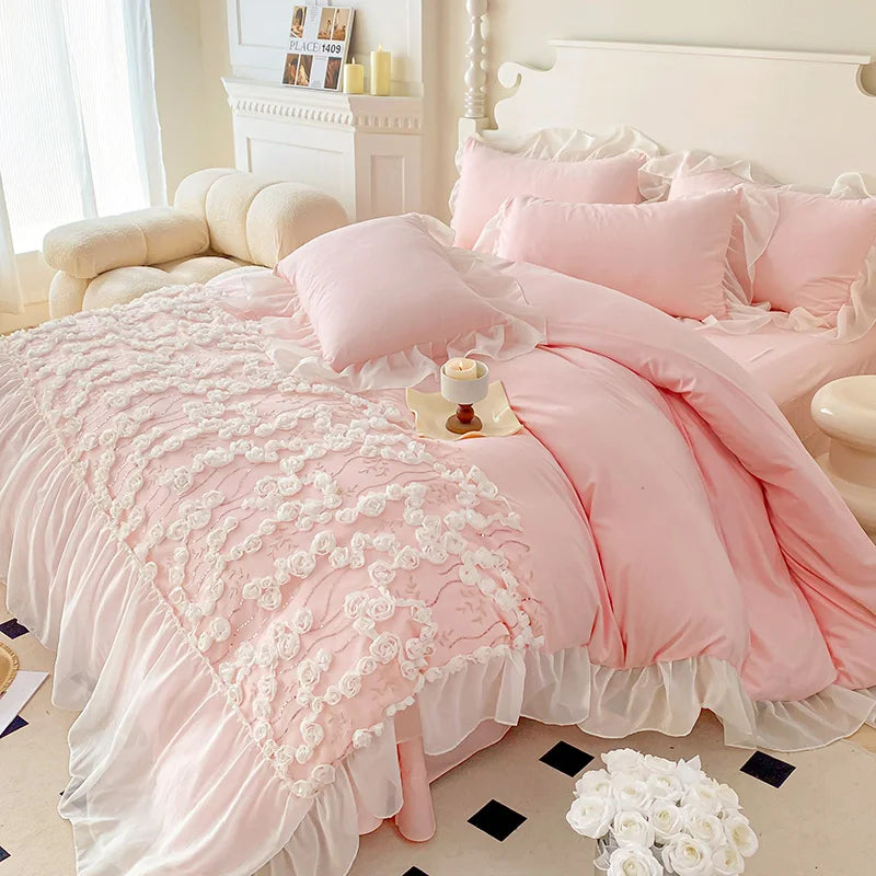 Luxury Pink Lace Design Bedding Set for Girls