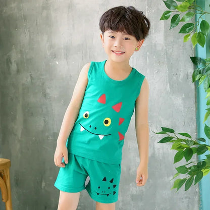 Kid Boy Girl Cartoon Design Sleeveless Cotton Vest and Pajamas Sets childrensterritory