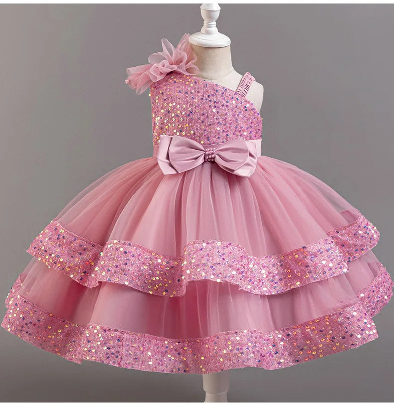 Kids Girls Sequins and Bow Design Birthday Party Flower Dresses