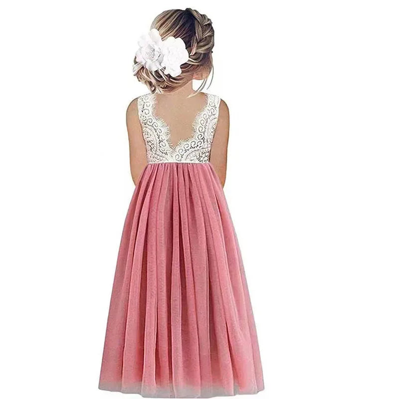 Kids Girls Lace Design Long Mesh Princess Dresses childrensterritory