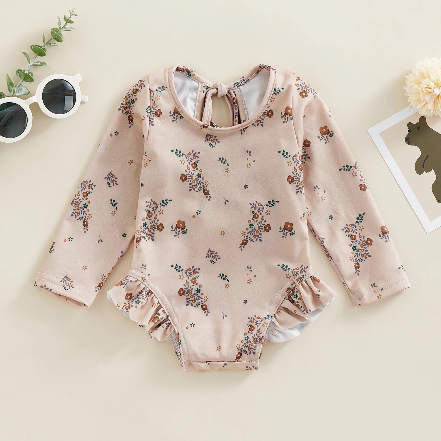 Floral Print Baby Girl Backless Long Sleeve Swimwear childrensterritory