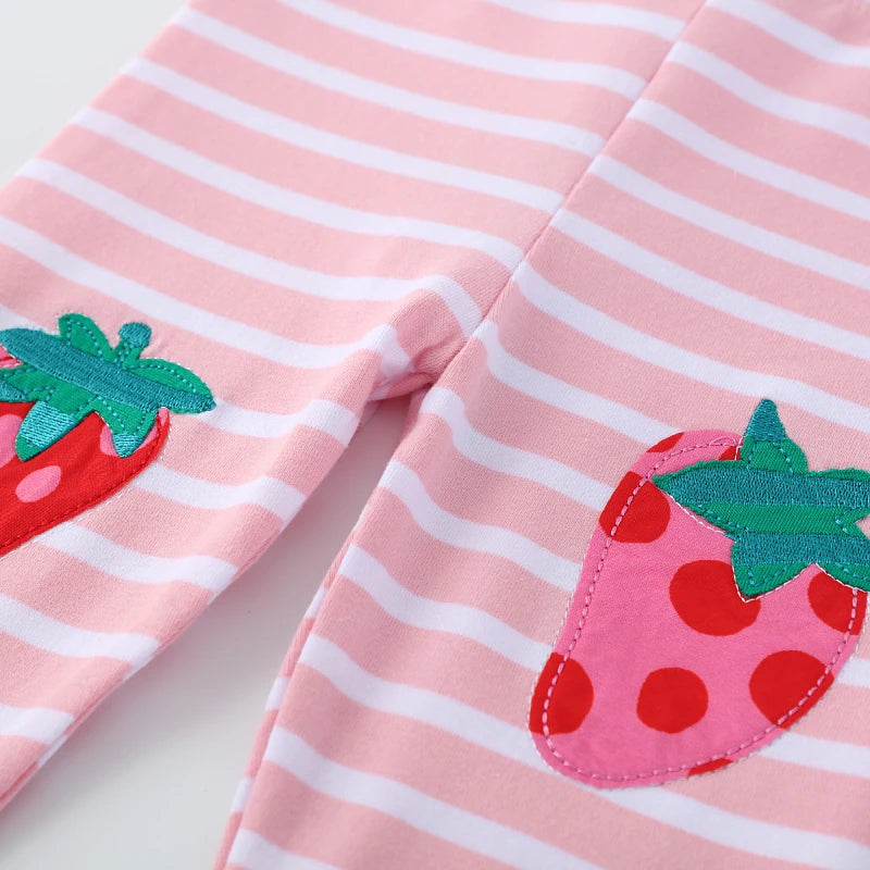 Girls Strawberry Print Striped Cotton Leggings childrensterritory