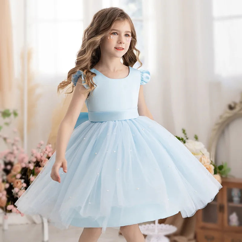 Kids Girls Big Bow Design Tulle Princess Dresses for Summer