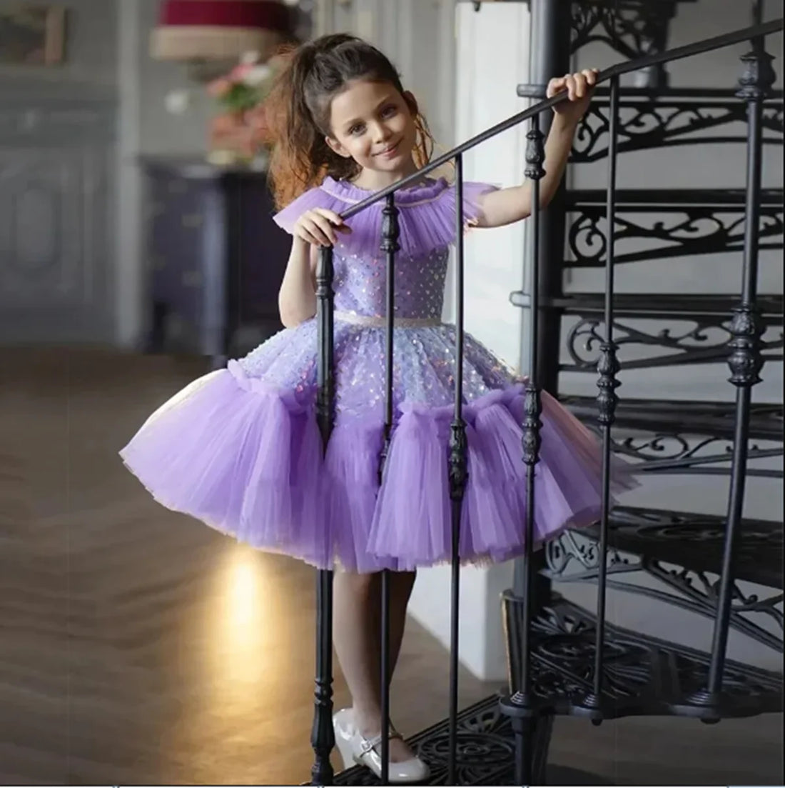 A-Line Glitter Sequined Little Girls Princess Party Dress