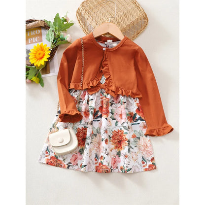 Kids Girls 2pcs Floral Princess Dress + Solid Color Jacket Set