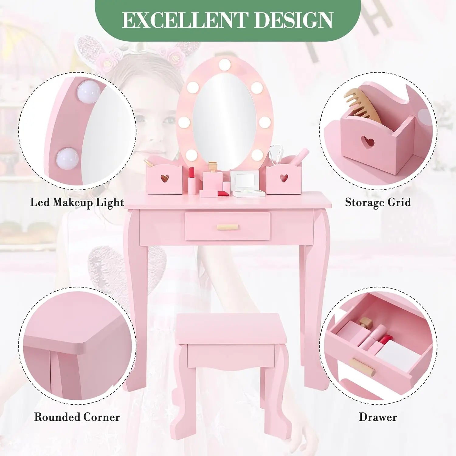 Kids Girls Makeup Dressing Play Table/Vanity Set W/ Mirror