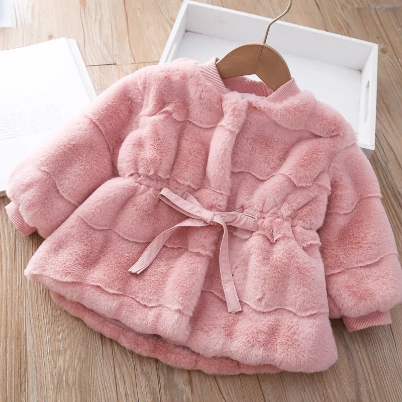 Girls’ Stylish Soft Long-Sleeve Winter Fur Coat