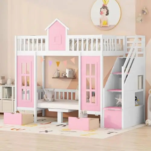 Full-Over-Full Castle Bunk Bed with Slide, Shelves, and Drawers