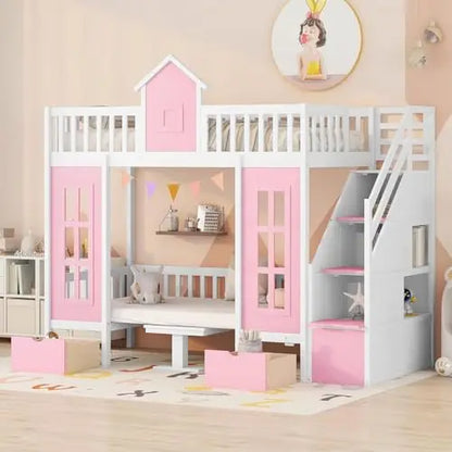 Full-Over-Full Castle Bunk Bed with Slide, Shelves, and Drawers