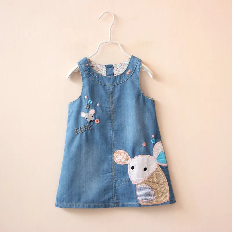 Little Girls Cartoon Mouse Embroidery Denim Dress childrensterritory