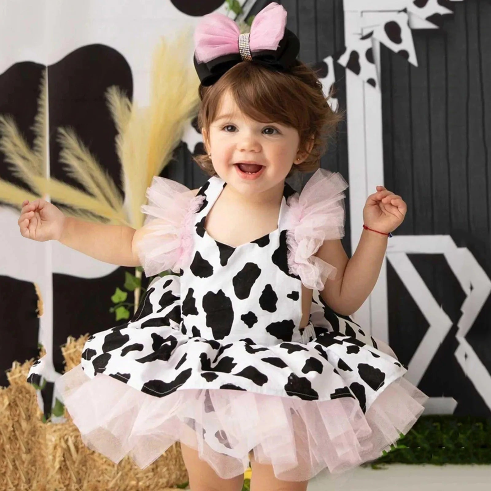 Baby Girls Cow Print Tulle Romper Dress and Headband Set