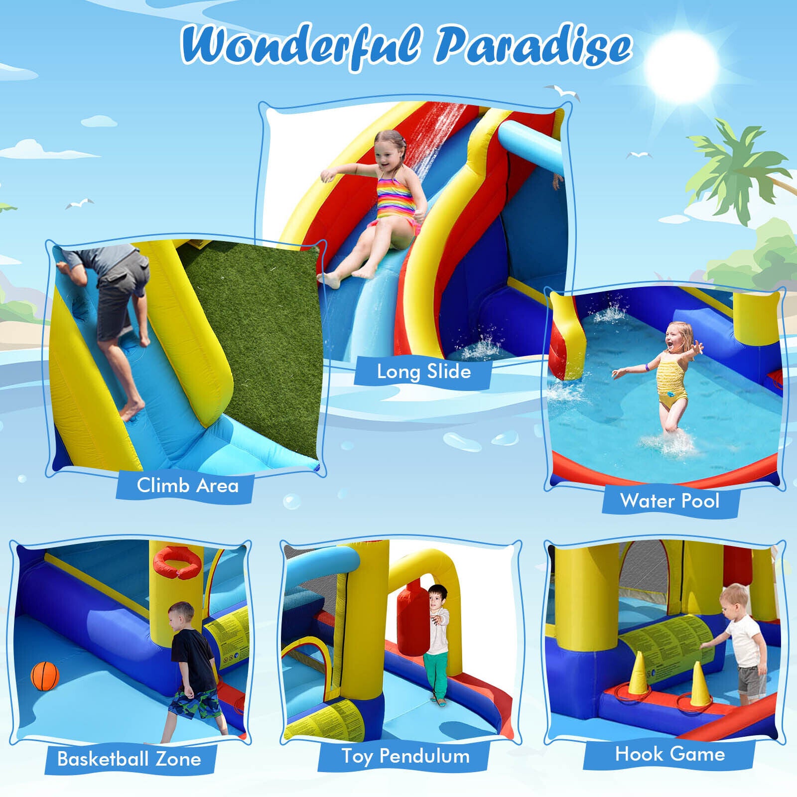Kids 7-in-1 Inflatable Water Slide and Bounce Castle With 735W Air Blower childrensterritory